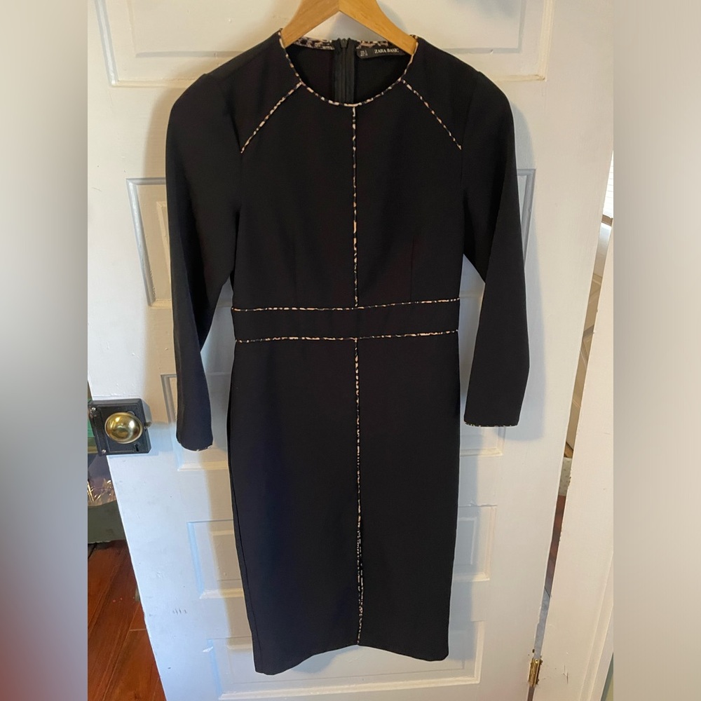Zara Black Front Slit Leopard Trim Long Sleeve Dress